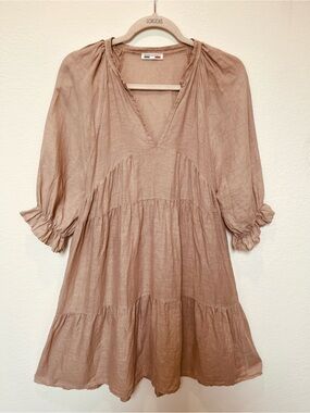 Linen neutral colored v neck boho style tiered dress